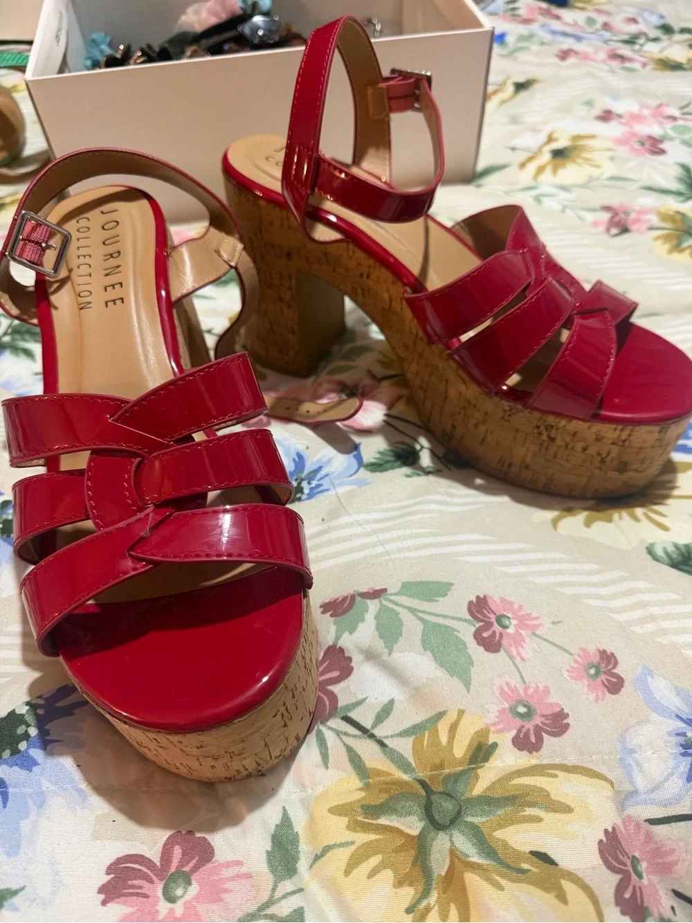 Journee Collection Red Patent Cork Platform Wedge Sandals